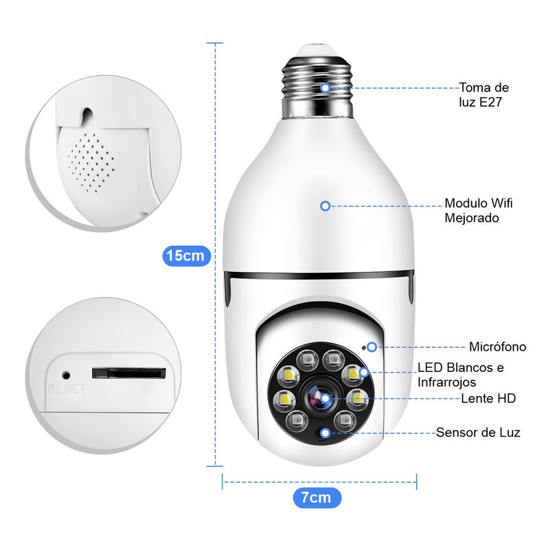 Cámara De Seguridad Wifi Bombillo Robotica Panoramica Ip 360 Color Blanca